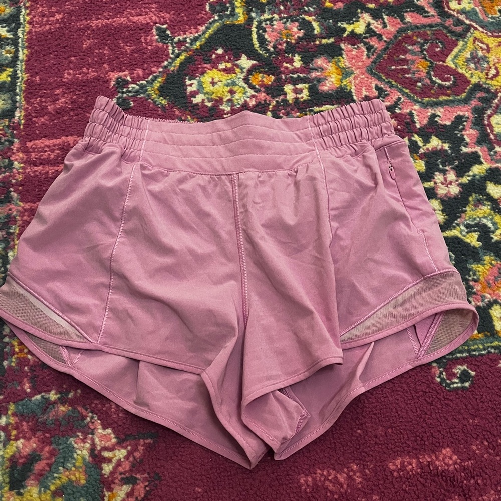 Lululemon Hotty Hot High Rise 2.5 inch shorts in a light pink